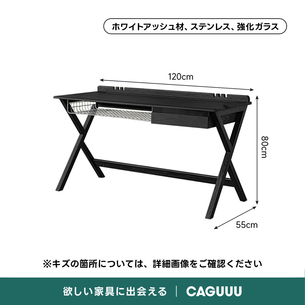 【OUTLET品】Woody Auraモダンブラックワークデスク｜書斎・作業部屋・リビングに馴染む収納付き木製デスク【高級天然ホワイトアッシュ材】