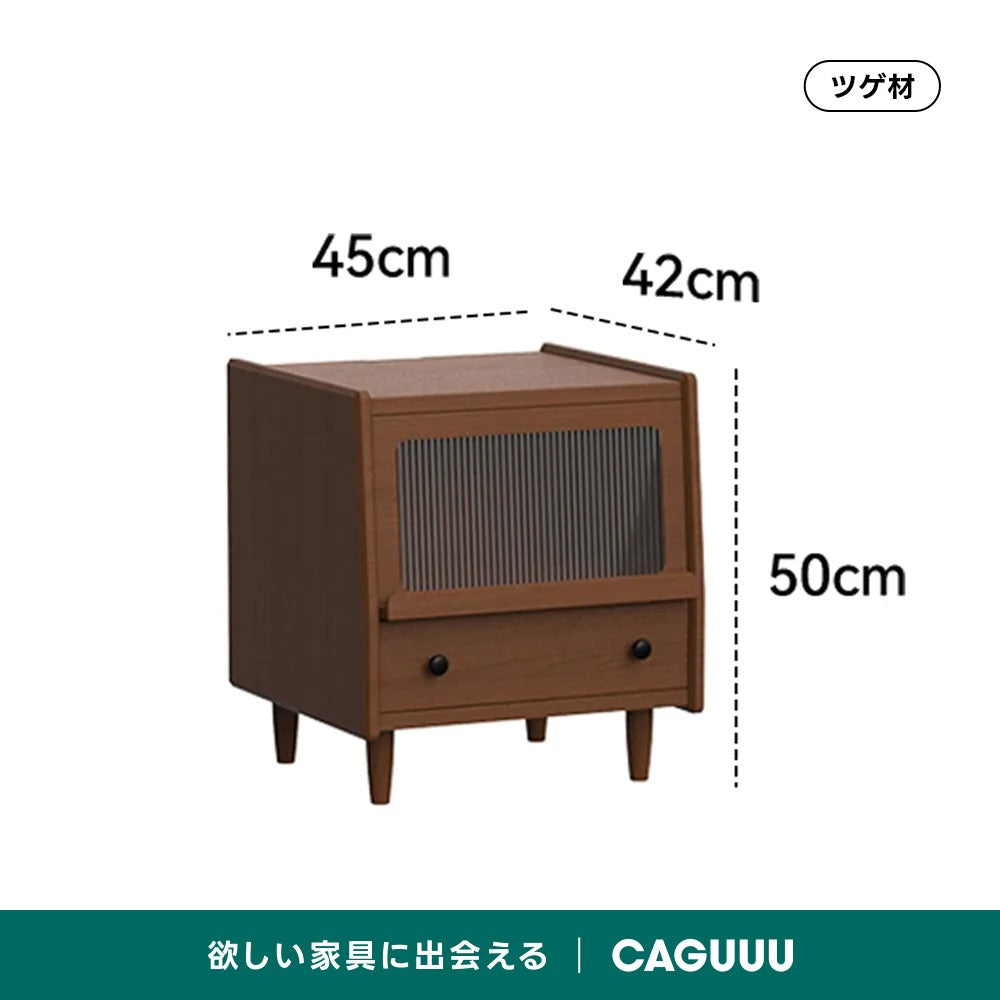 Woody Prime Box リブガラスベッドサイドキャビネット【高級天然ツゲ材】