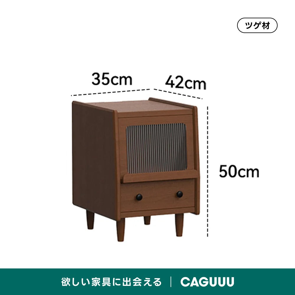 Woody Prime Box リブガラスベッドサイドキャビネット【高級天然ツゲ材】