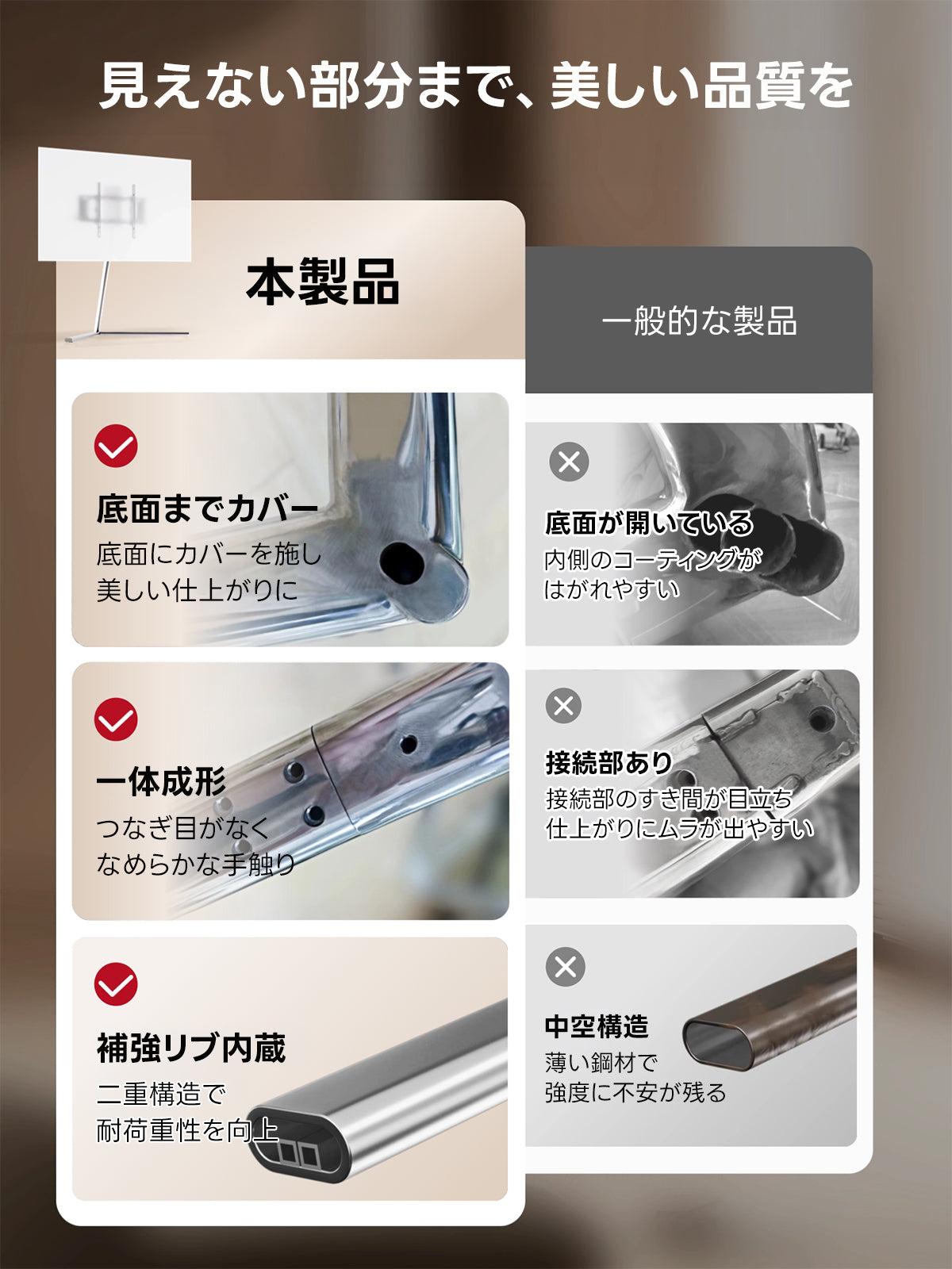 V字ベースステンレステレビスタンド｜移動式・高さ調節対応のリビング・寝室・オフィス・展示空間に対応するテレビスタンド