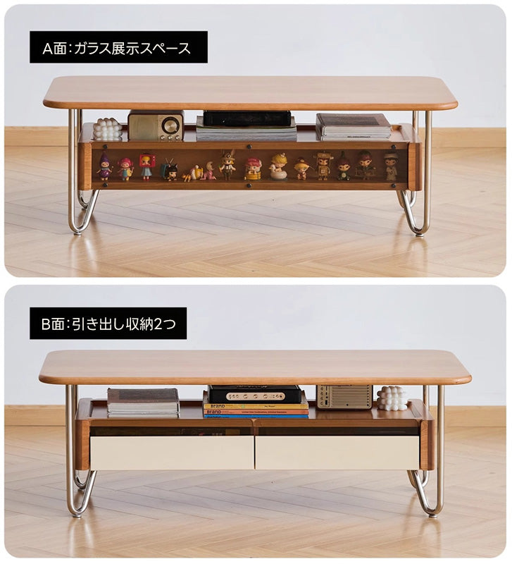 Woody Prime Cherry ガラス収納ローテーブル【高級天然チェリー材】
