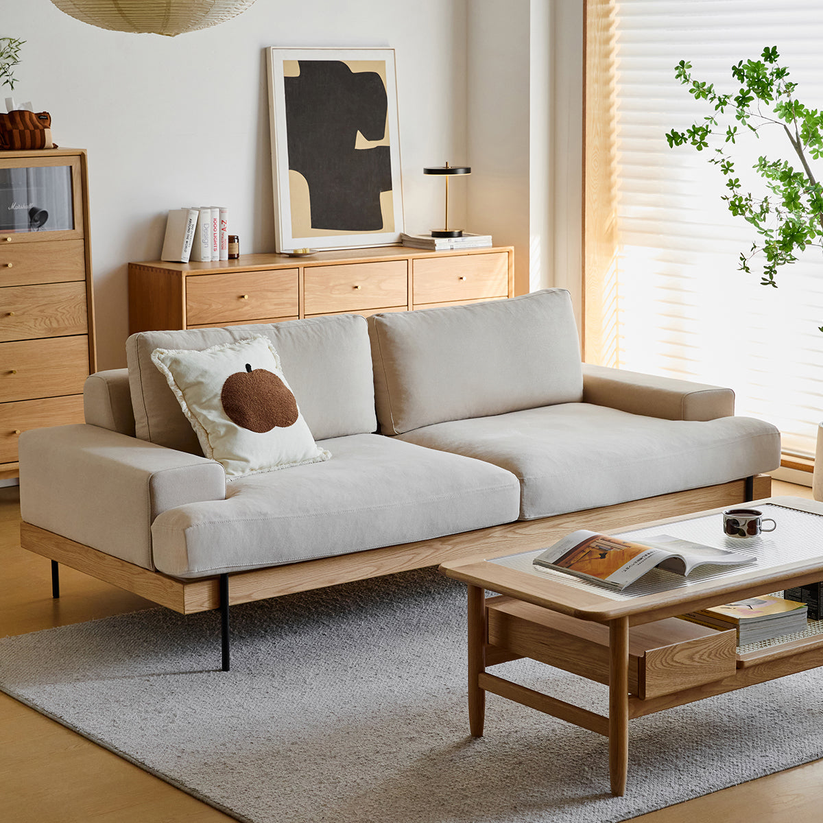 【売れ筋】Woody Prime Oak 材質から選べるスクエアクッションソファ【色・素材カスタマイズ可】【高級天然ホワイトオーク材】