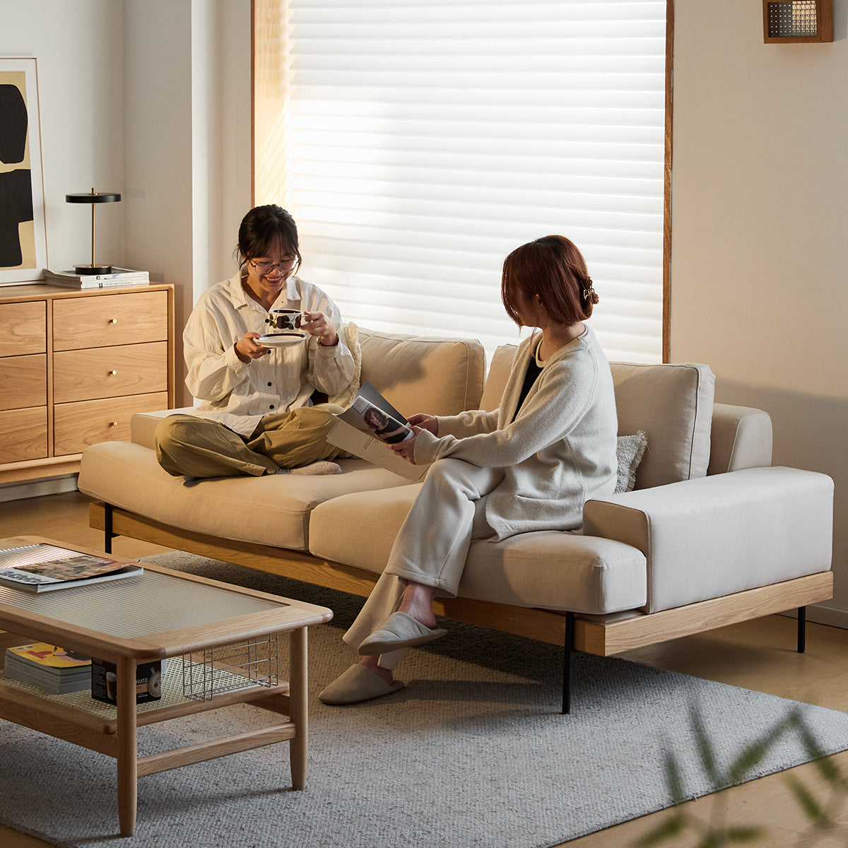 【売れ筋】Woody Prime Oak 材質から選べるスクエアクッションソファ【色・素材カスタマイズ可】【高級天然ホワイトオーク材】