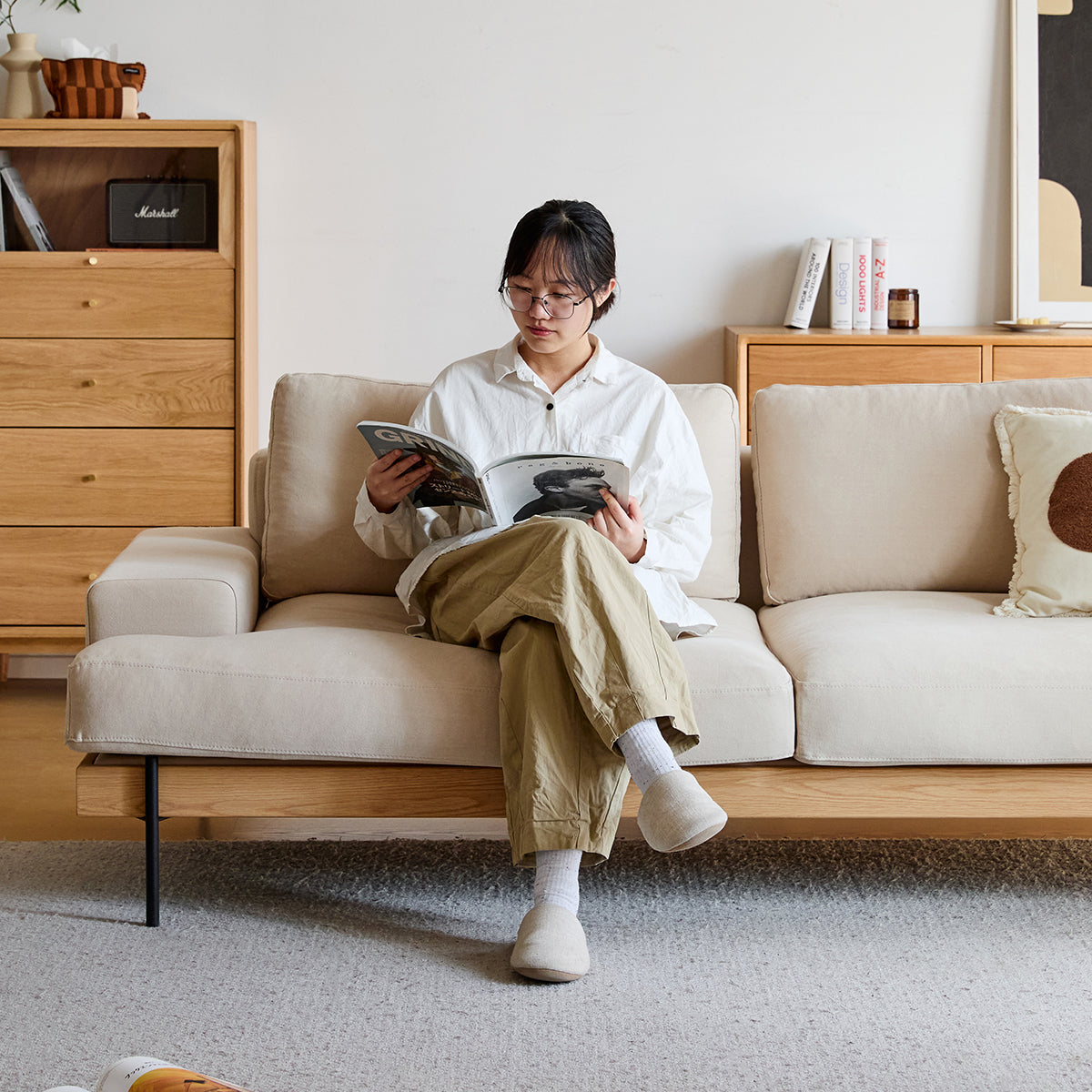 【売れ筋】Woody Prime Oak 材質から選べるスクエアクッションソファ【色・素材カスタマイズ可】【高級天然ホワイトオーク材】