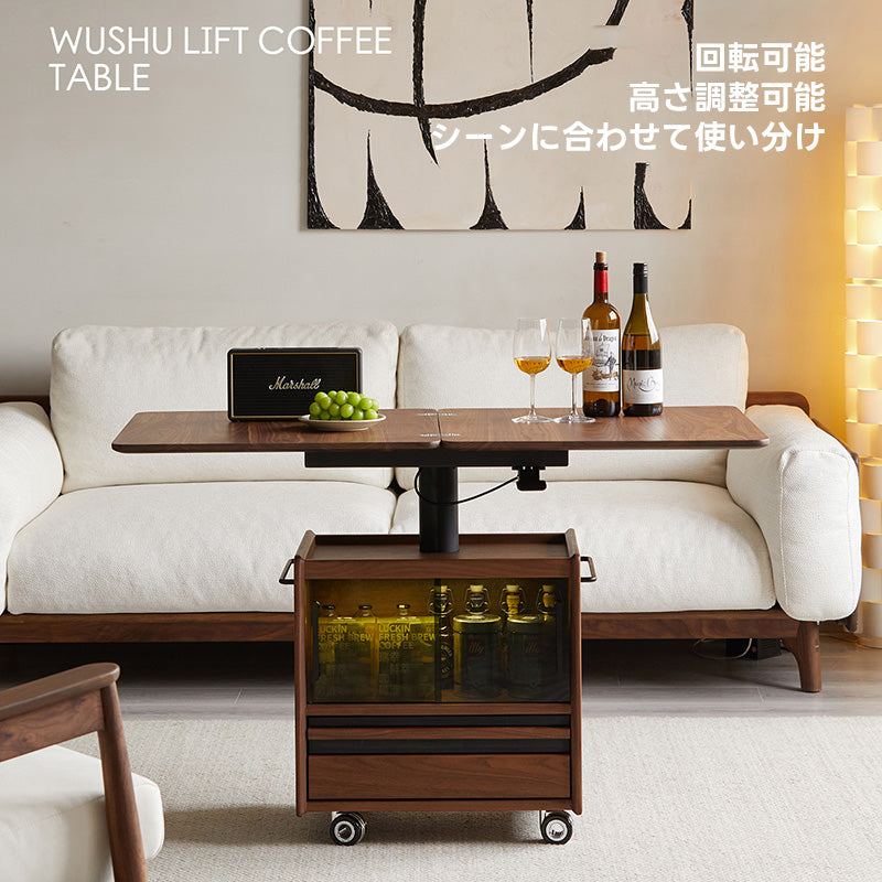 【OUTLET品】Woody Prime Walnut ナチュラルサイドワゴン｜高さを変えて使える、伸長式天板付き収納サイドテーブル【高級天然ブラックウォールナット材】